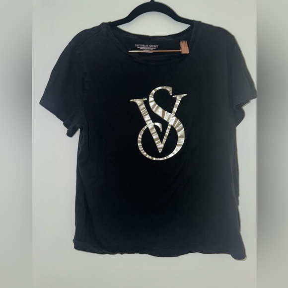 Victoria’s Secret Black Graphic Logo T-Shirt Silver VS Emblem Size M - Picture 3 of 6